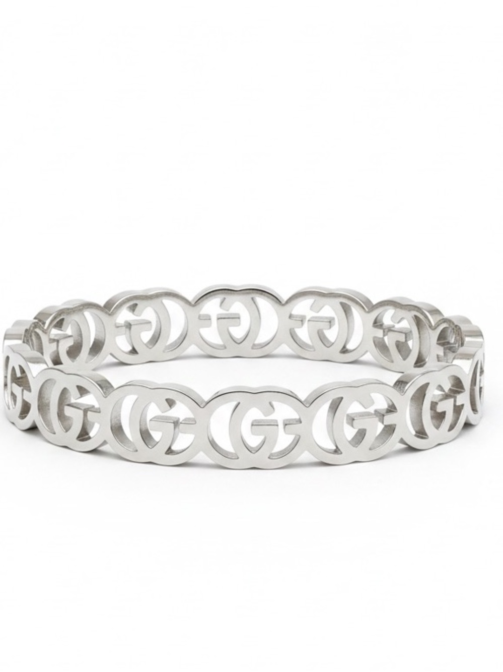 DESIGNER STAINLESS STEEL, SILVER TONE G G LOGO BANGLE BRACELET NEW